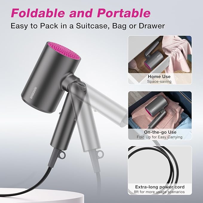 Ionic Hair Dryer, 1875W Fast Drying Blow Dryer with Diffuser and Concentrator Nozzle, Foldable Design, Negative Ion Hairdryer, 3 Heat 2 Speed Settings, Lightweight for Home & Travel, Gray