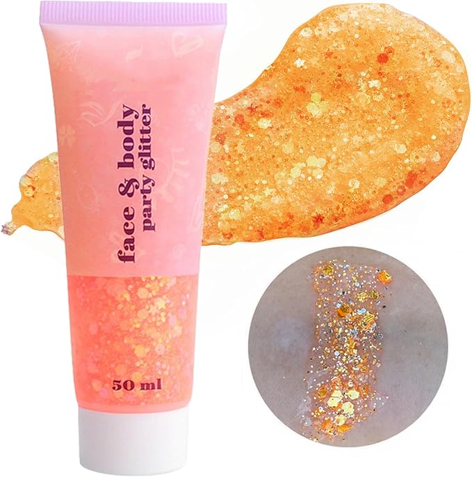 Go Ho Orange Face Body Glitter,Sparkle Orange Face Paint Glitter Makeup,Holographic Chunky Sequins Glitters Gel for Eye Lip Hair Nails,Halloween SFX Makeup Accessories,52g
