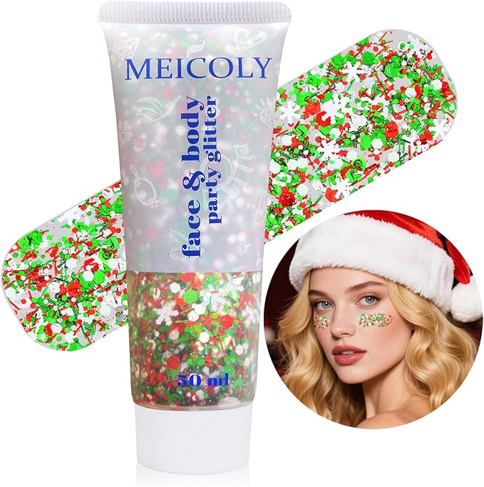 MEICOLY Christmas Face Body Glitter Gel,Christmas Hair Glitter,Christmas Accessories Stocking Stuffers Gift Decorations,Festival Face Glitter Makeup for Women Kids Girls,Chunky Glitter Face Paint
