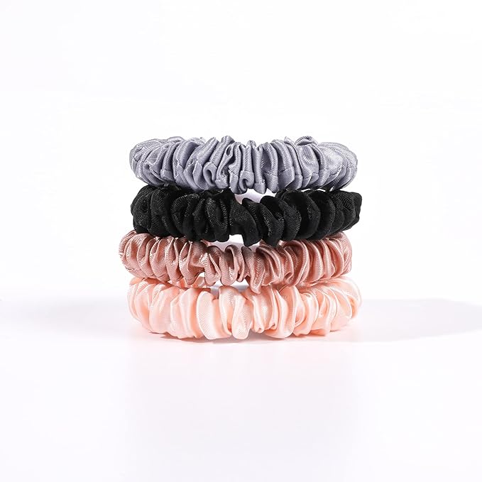 Hair Ties Silk Satin Scrunchies - Small Mini Thin Elestics Ponytail Holder Hair Bands Skinny Scrunchy For Thick Curl Hair No Crease Hair Ties Soft Accessories No Hurt Your Hair for Women and Girls (Basic color)