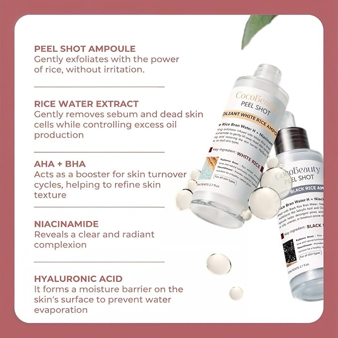 Peel Shot Glow Rice Ampoule Duo, Daily White Rice Ampoule + Weekly Black Rice + Activated Charcoal, Vegan, Cruelty-Free Skin Treatment 2x80ml