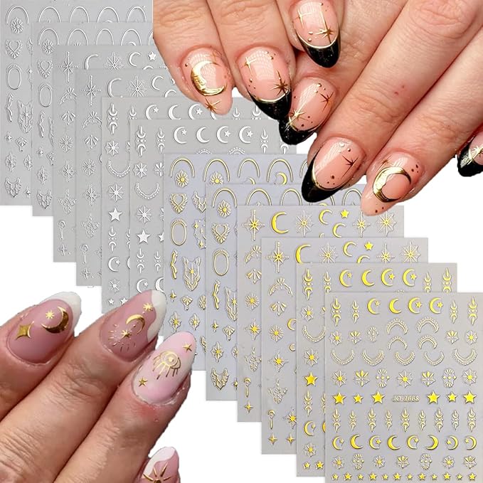 12 Sheets Gold Moon Star Nail Art Stickers Decals Luxury Metallic Silver Nail Stickers Sun Stars Moon Nail Art Design with Starlight Moon Charm Nail Adhesive Sliders for Women Manicure Decoration