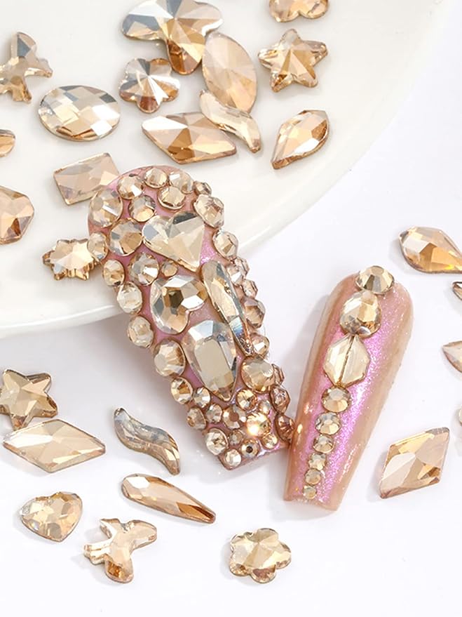 1620Pcs Crystal Nail Rhinestones Nail Art, Wsimily Champagne Gold Nail Rhinestones Round Beads Flatback Glass Gems Stones Multi Shapes Nail Crystals with Picker Pencil and Tweezer Nail Decoration