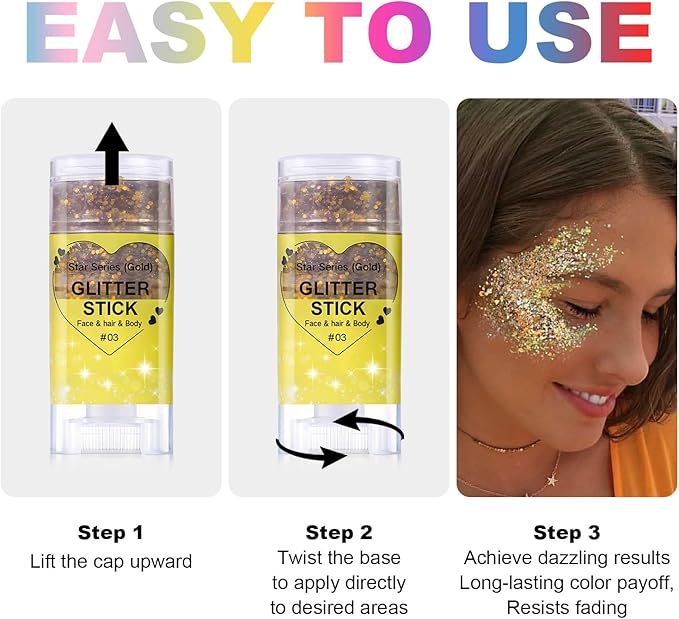 Gold Body Glitter Stick, Halloween Face Glitter Makeup,Holographic Hair Glitters Mermaid Makeup Rave Outfits for Women, Shimmer Face Paint Stick for Christmas (Gold)