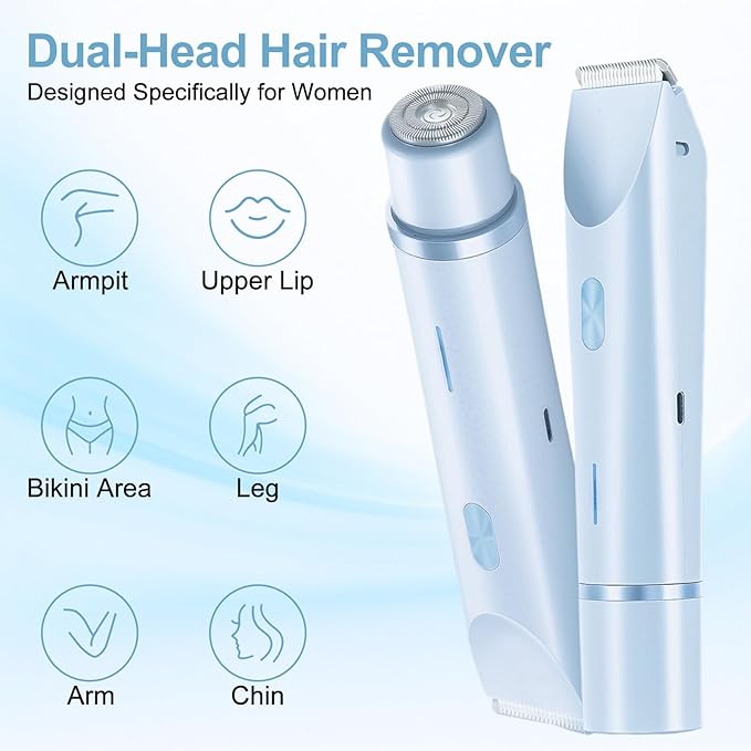 2025 New Bikini Trimmer for Women, 2 in 1 Dual Head Body Bikini Shaver, Ultra Low Silent, Painless & Cordless Hair Removal for Body , IPX7 Waterproof & Easy Cleaning for Shower & Travel (Blue)