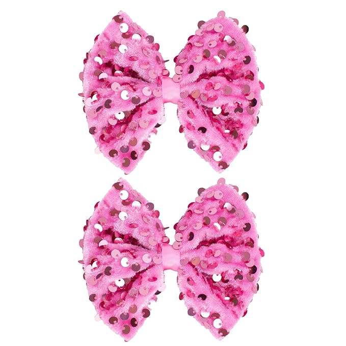 Velvet Sequin Hair Bows Elegant Pink Bow for Women Girls, 4in Glitter Handmade Hair Clips Alligator Clips Ponytail Holder Sparkly Hair Accessories for Christmas, Birthday Party, Wedding, Valentines