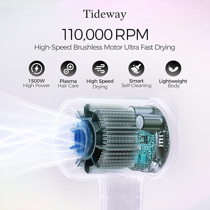 Tideway Hair Dryer, Blow Dryer with Diffuser High-Speed Plasma Ionic Low Noise for Fast Drying, Travel Hair Dryer for Women and Man, Curly/Wavy & Long/Thick Color-Treated Hair H11