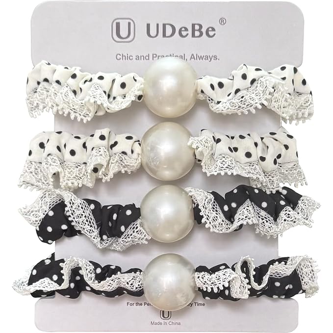 Silk Scrunchies Hair Ties 4Packs – Super Soft Thin Hair Scrunchies, Gentle on Hair, Faux Pearl Polka Dots Decorated Hair Accessories for Women