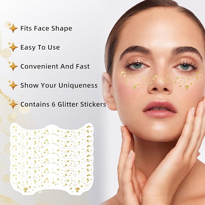 Glitter Freckles - Gold Glitter Freckles Face Tattoo, 6PCS Makeup Patches, Temporary Face Glitter, Faux Fake Freckles, Cute Face Jewels for Women and Girls, Water Transfer Face Glitter for Kids