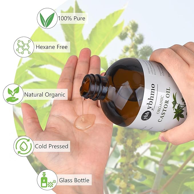 Cold Pressed Castor Oil Organic Glass Bottle(16 Fl Oz),100% Pure ，Hexane Free for Hair Growth & Care, Castor oil pack & Moisturize Body Skin
