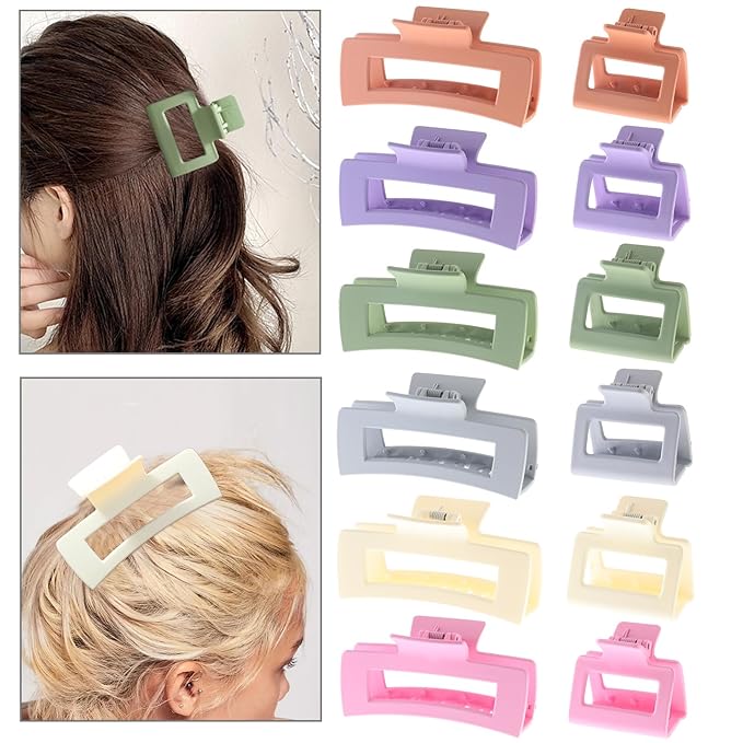 12 Pack Square Colorful Hair Clips, Big and Small Neutral Rectangle Claw Clips, Non-slip Matte Hair Clips for Women,Strong Hold jaw clip for Thick Thin Hair Silver Brown White Pink
