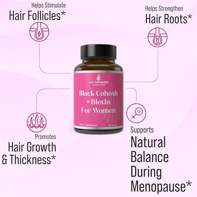 Black Cohosh + Biotin - Menopausal Hair Growth Supplement for Women. Menopause & Postmenopause Vitamins for Fuller Hair, Less Thinning, Hot Flashes. Black Cohosh, Biotin, & Chasteberry. Clean & Vegan