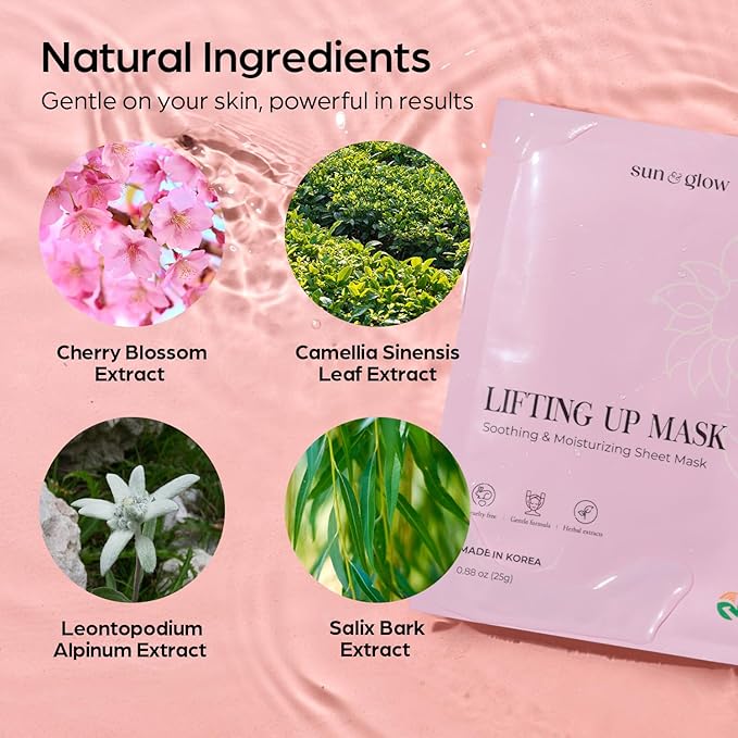 SUN & GLOW VEGAN LIFTING UP MASK Featuring a blend of Herbal Ingredients and Components Soothing and Moisturizing Sensitive Skin Korean Skincare Home Care Skincare Mask (0.88oz 25g 5Packs)