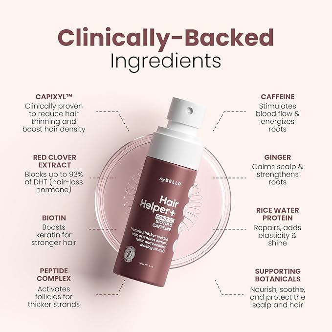 Trybello Hair Helper + Spray | Hair Growth Serum, powered by Capixyl | With Biotin, Castor Oil, Caffeine, Rice Water & Peptide Complex | Natural Treatment for Thicker, Fuller Strands | Vegan Formula