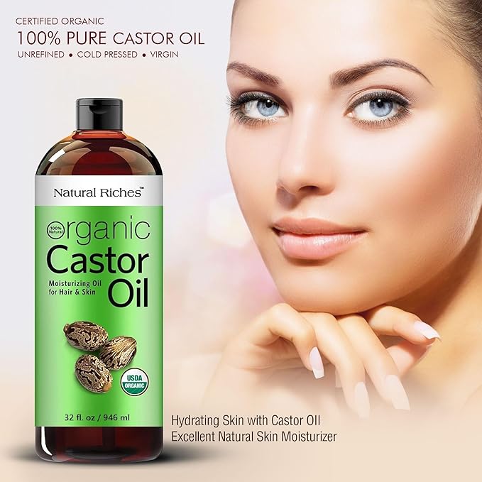 Natural Riches Organic Castor Oil - Cold Pressed, USDA Certified for Dry Skin, Hair Loss, Dandruff, Hair Growth, and Thicker Eyelashes & Eyebrows - 32 fl. oz.