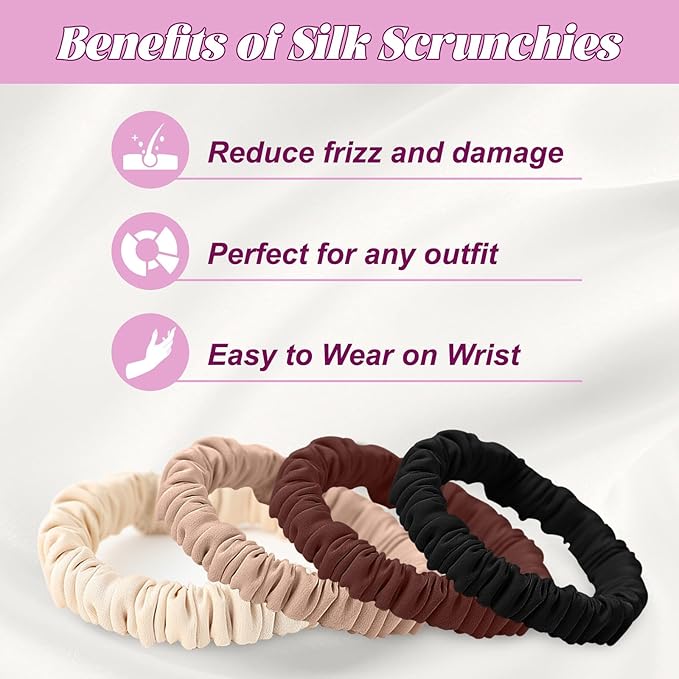 4Pcs Mulberry Silk Scrunchies Set, Silk Hair Ties Elastic for Women, Skinny Scrunchies Reduces Breakage for All Hair Types Srevela