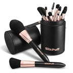 Silkpuff Makeup Brushes Set 15 Pcs Professional, Travel Makeup Brushes With Brush Case, Pearlescent Wood Handle, Premium Cruelty-Free Synthetic Fiber Hair, Foundation Concealer Eye Shadow Blush（Black）