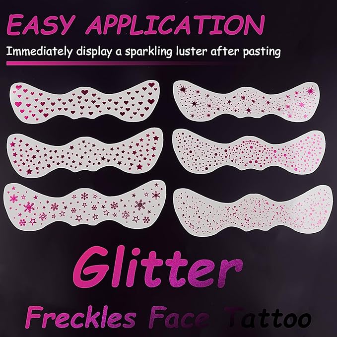 Face Glitter Makeup Patches, Face Glitter Freckles Face Tattoo, Sparkle Freckles Temporary Tattoo, Hot Pink Face Speckles Patches, Sweatproof Waterproof Fake Freckles for Women 6 Sheets