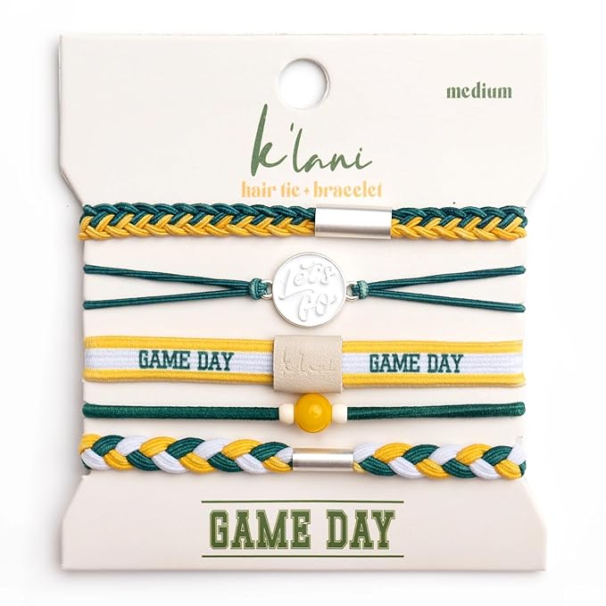 K'lani Game Day Hair Tie Bracelets – 5-Pack Stretchy No-Crease Hair Ties & Stylish Bracelets – Team Color Accessory for Hair or Wrist - Green & Yellow, Medium