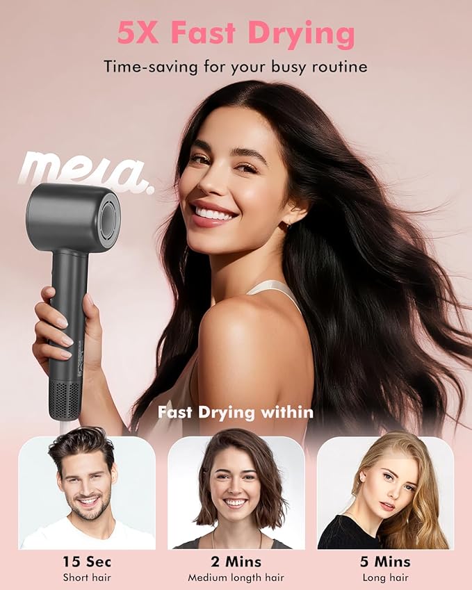 Ionic Hair Dryer - Mera M3, Professional Frizz-Fighting Blow Dryer, 5-Minute Fast Drying, Quiet Lightweight Travel Hairdryer with Snap-On Concentrator for Women