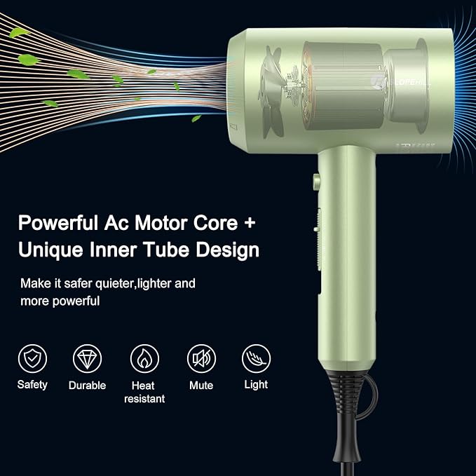 slopehill Professional Ionic Hair Dryer, Powerful 1800W Fast Drying Low Noise Blow Dryer with 2 Concentrator Nozzle 1 Diffuser Attachments for Home Salon Travel (Lime Cream)