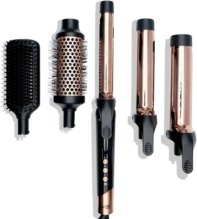 SRILabs CurlQ Extra Long Barrel 5-in-1 Curling Iron & Hair Styling Tool Set with Titanium Barrels, Ceramic Paddle Brush, Thermal Brush, Fast Heat-Up & 12 Temperature Settings