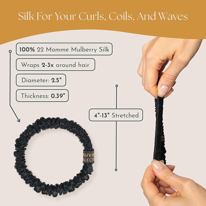 Authentic Mulberry Silk Skinny Scrunchies for Women, Anti Breakage Hair Ties for Curly Thick & Thin Hair, 100% Silk for Buns, Ponytail Holders & Sleeping, Onyx Black Color (4-Pack)