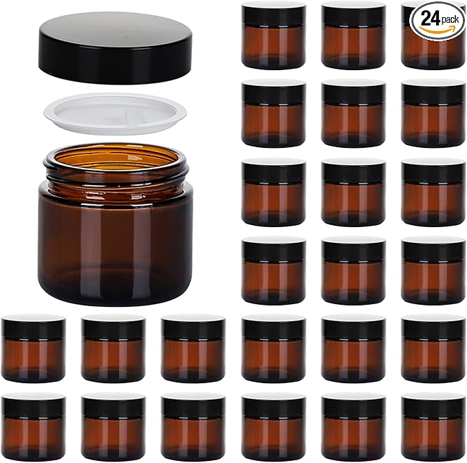 2oz Jars with Lids, Hoa Kinh 24 Pack Amber Glass Jars with Lids Empty Cosmetic Containers Round Airtight Glass Jar with Inner Liners and black Lid for Storing Lotions, Powders, and Ointments