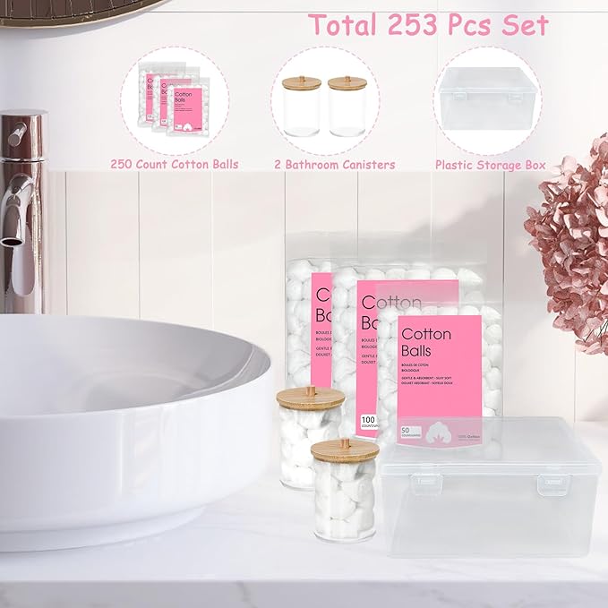 250 Count Cotton Balls, 100% Pure Organic Cotton, Soft & Super Absorbent, Includes 2 Cotton Ball Holders for Bathroom & Vanity, Perfect for Face Makeup Remover, Nail Polish Removal, Crafts, Pet Care