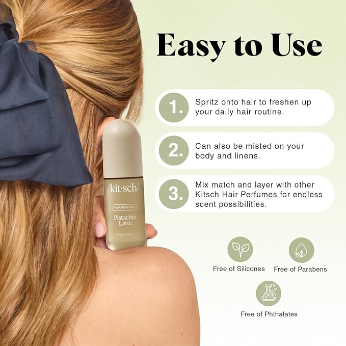 Kitsch Hair Perfume for Women - Pistachio Latte | Clean, Deodorizing & Patented Odor-Eliminating Technology Hair Spray & Body Mist - Freshen Hair, Body & Pillows - Coconut & Warm Coffee Scent - 50mL