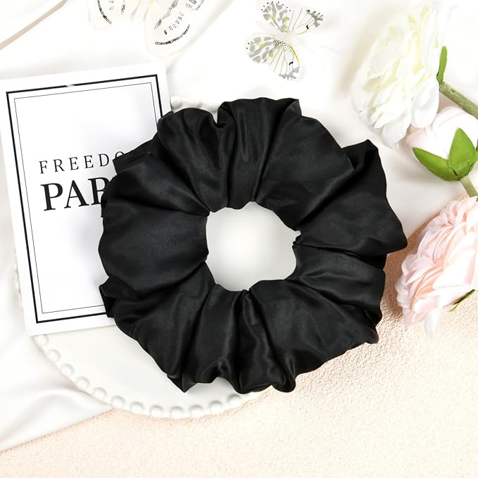 CEELGON Black Big Satin Scrunchie6.5 Inches Jumbo Scrunchies Silky Hair Ties Oversized Ponytail Holderfor Thick Curly Hair Extra Large Hair Accessories for Women (Black)