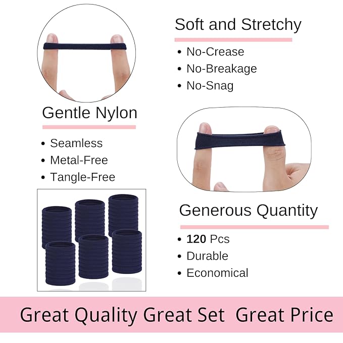 LuSeren 120 Pcs Navy Hair Ties for Women, No Damage Soft Seamless Nylon Hair Elastics for Thick Hair, Ponytail Holders, Solid Navy Hair Accessories