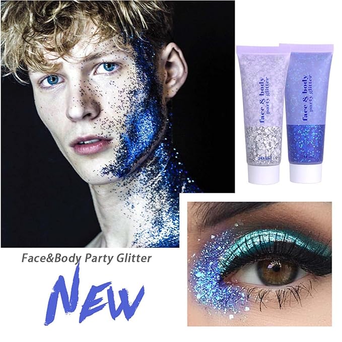 DAGEDA Body Glitter Gel, Face Glitters Body Gel Sequins Shimmer Liquid Eyeshadow, Chunky Glitter for Face Hair Nails, Holographic Cosmetic Laser Powder Festival Glitter Makeup 50ml(Blue)