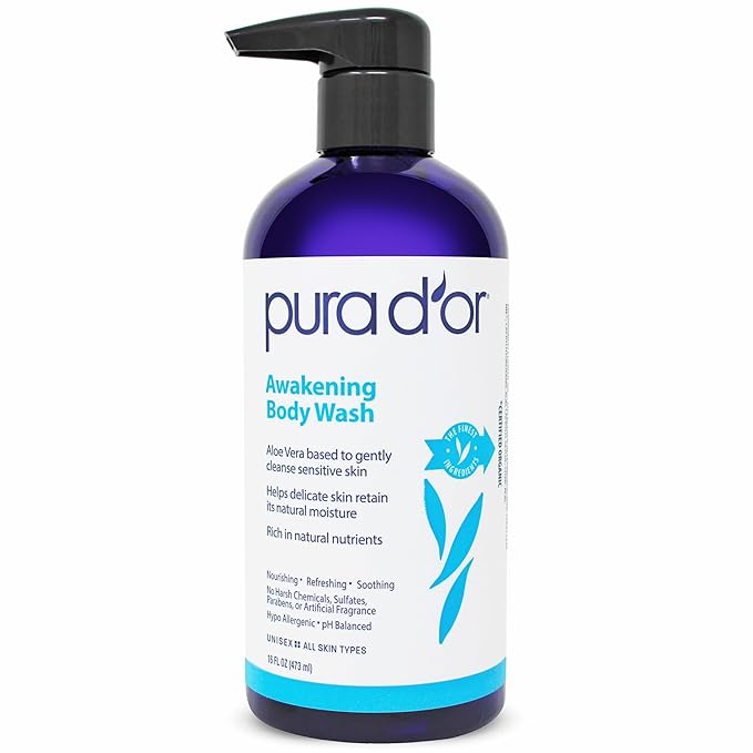 PURA D'OR 16 Oz Awakening Body Wash with Aloe Vera, Chamomile, Lavender, Tea Tree and Natural Nutrients - pH Balanced for Moisturized Soft, Fresh-Feeling Skin, All Skin Types, Men & Women