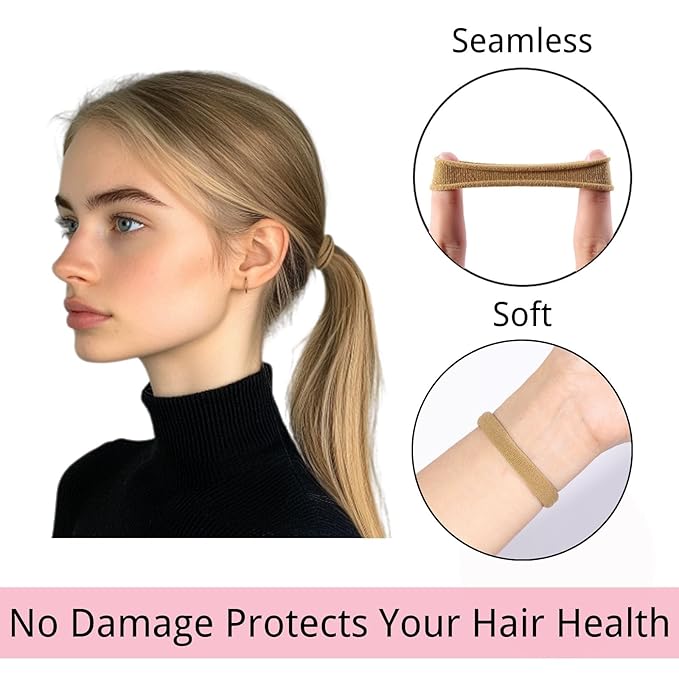 LuSeren 120 Pcs No Damage Hair Ties for Thick Hair, Large Soft Seamless Nylon Hair Elastics for Women, Ponytail Holders, Hair Accessories – Light Brown