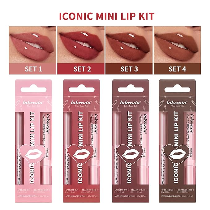 3PCS Lip Liner and Lipstick Combo Set - Matte Lip Liner Pencil, Velvet Matte Lipstick & Hydrating Collagen Lip Gloss - Long-Lasting, Smudge-Proof, High Pigment Nude Brown Lip Makeup Kit (#2 Red Rose)