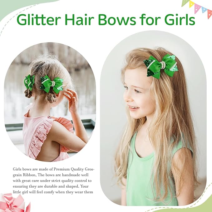 4" Sparkly Glitter Sequin Ribbon Hair Bow Clips,Pearl Wedding Boutique Alligator Barrettes Pins for Teens Toddler,Cheerleader Girls Kids Birthday Party Dress Decor Accessory (Green)