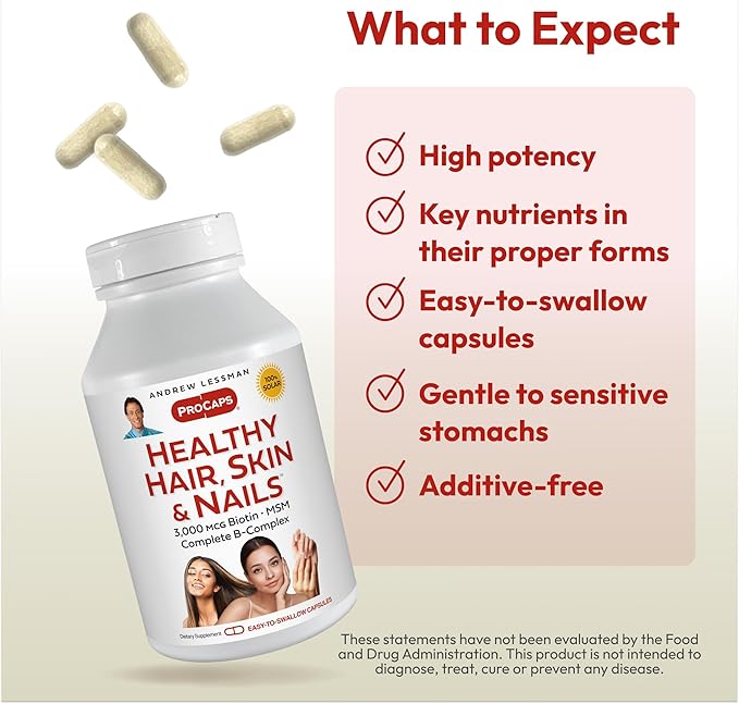 ANDREW LESSMAN Healthy Hair, Skin and Nails 120 Capsules - 5000 mcg High Bioactivity Biotin, B-Complex. Promotes Beautiful Skin, Strong Nails. No Additives Hair Growth Vitamins Biotin Supplement