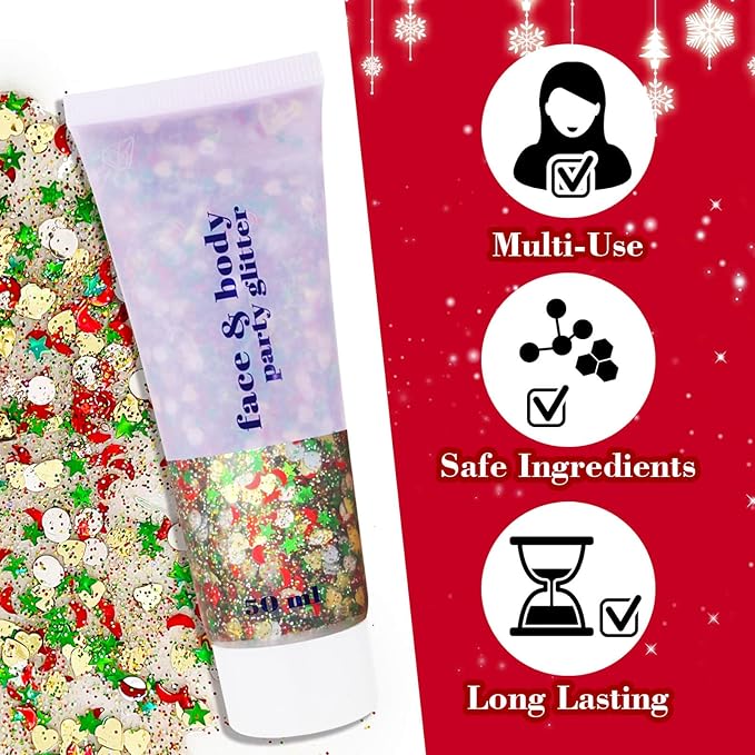 Christmas Face Hair Glitter Gel,Green Red Silver Body Glitter Gel,Stocking Stuffers Gift Kids Self-Adhesive Sequins Glitter,Sparkling Christmas Makeup for Women Girls,50ML