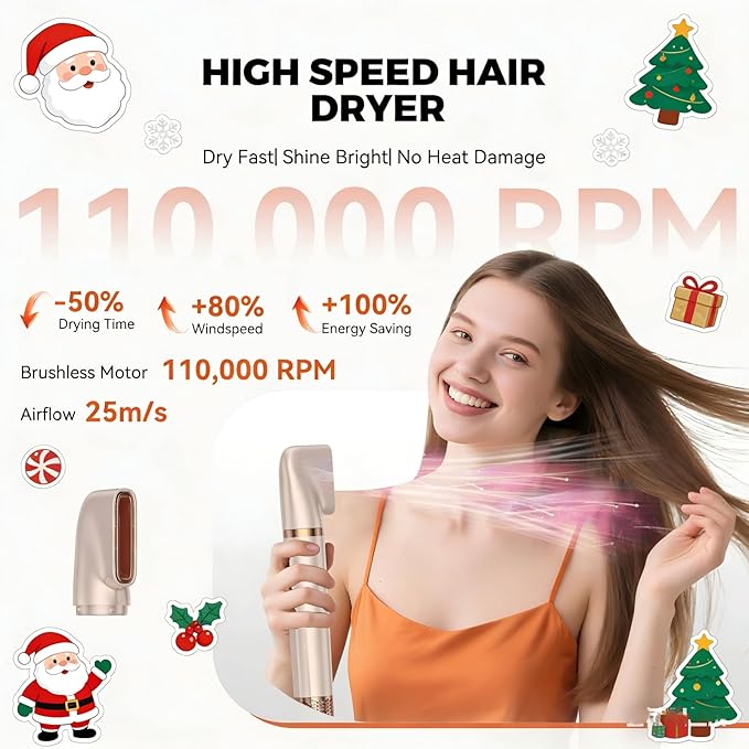6 in 1 Hair Styler,110-120V Hair Dryer Brush,110,000 RPM High-Speed,Negative Ion & 4 Adjustable Temp Hot-Air Hair Brush,Detachable Hot Air Styler Set for Women (Pink Gold)