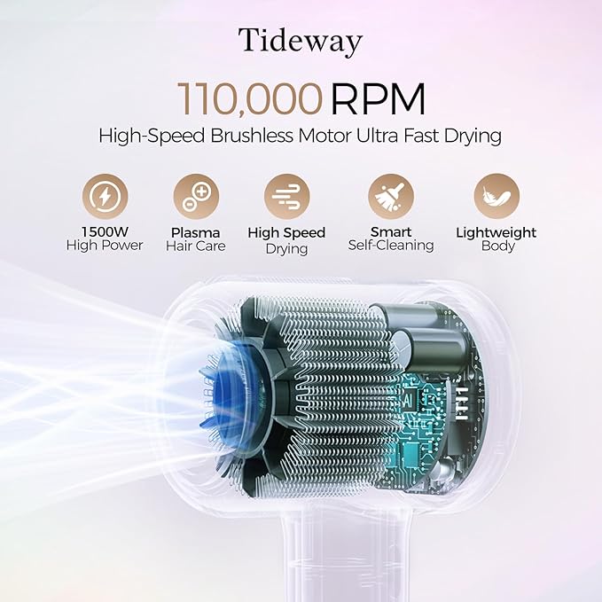 Tideway Hair Dryer, Blow Dryer with Diffuser High-Speed Plasma Ionic Low Noise for Fast Drying, Travel Hair Dryer for Women and Man, Curly/Wavy & Long/Thick Color-Treated Hair H11