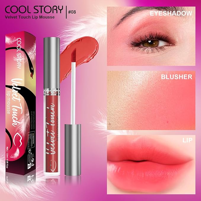 COOL STORY Velvet Lip Stain Mousse, Lip Tint Long-Lasting Waterproof Matte Finish (08)