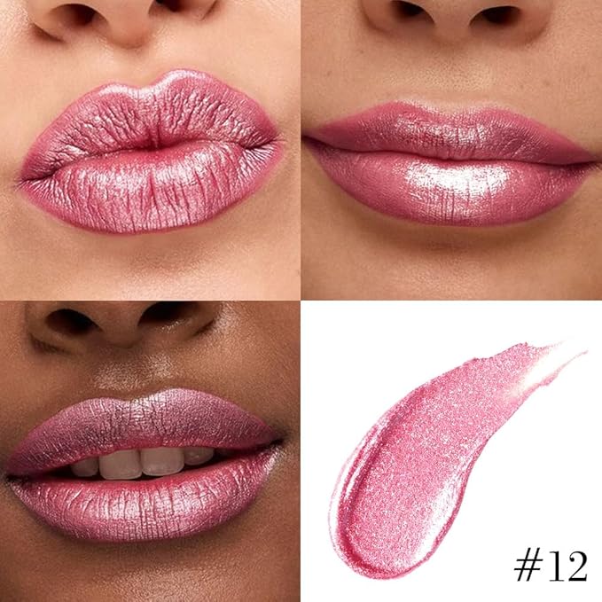 evpct Warm Pink Metallic Glitter Lip Liner and Lipstick Combo Lip Gloss Stain Set Makeup for Women Long Lasting Waterproof 24, Baby Pink Metallic Shimmer Frosted Iridescent Glossy Liquid Lipstick 12