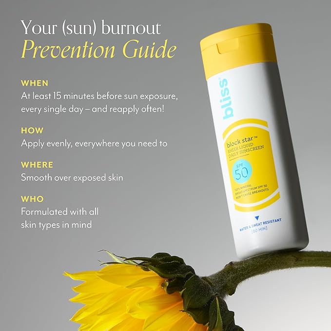 Bliss Block Star Non-Nano Zinc Oxide Mineral Liquid Sunscreen SPF 50 | Broad Spectrum UVA and UVB Sun Protection for Face and Body