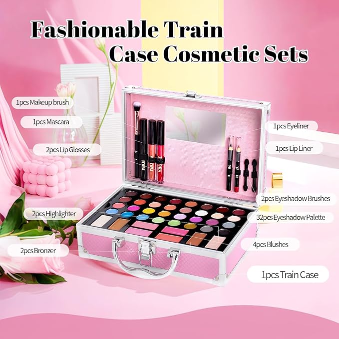 Beginner Makeup Kit for Teen,Makeup Set for Girl Women,Beginner Makeup Kit with Cosmetic Train Case Included 32 Colors Eyeshadow Blush Contour Lip Gloss Lip Liner Mascara Eyeliner Mirror