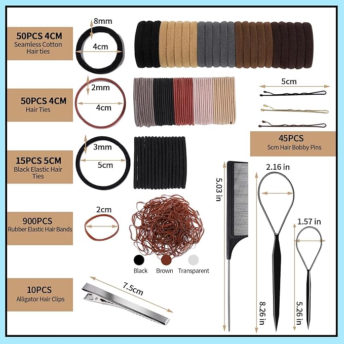 FANDAMEI Hair Accessories Kit - Elastic Hair Ties, Cotton Bands, Rubber Bands, Hair Pins, Rat Tail Comb for Women