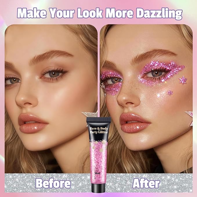 AROIC Kids Unicorn Hair Glitter，14Pcs Body &Face Shimmering Glitter Gel Set，Fairy Costume Sparkle Makeup for Girls，Holographic Sparkle Face Paint for Festivals Princess Birthday Party Gifts (7 Colors)