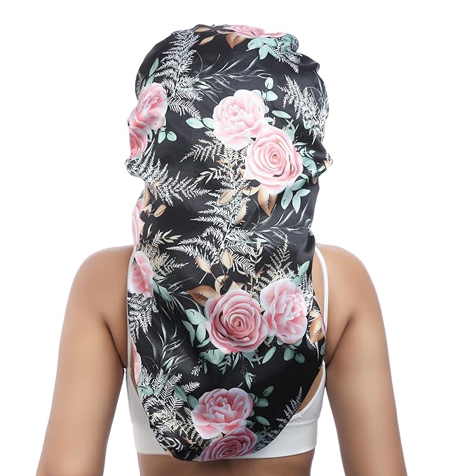 AWAYTR Long Satin Bonnet for Braids - Elastic Silk Hair Bonnets for Sleeping Night Cap Stretchy Tie Band for Women（Flower B）