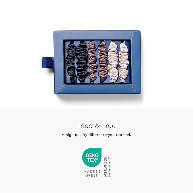 Fishers Finery 25 Momme Pure Mulberry Silk Skinny Scrunchies | Hair Tie Set for Thin Hair (Champagne|Brown|Black- 6 Pk)