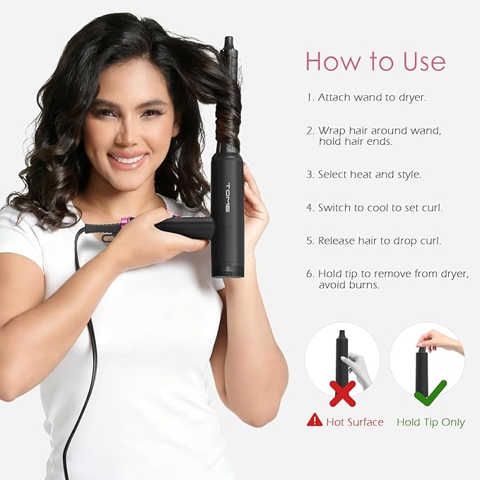 TOME Hair Dryer with Diffuser 1875W High Speed Blow Dryer Ionic 110000 RPM Cool Shot Lock 1 inch Air Curling Wands Nozzle Light Weight Hot Pink